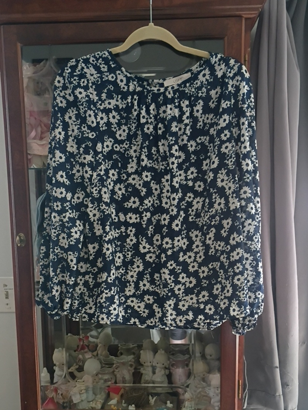 LOFT Navy and White Floral Peasant Blouse